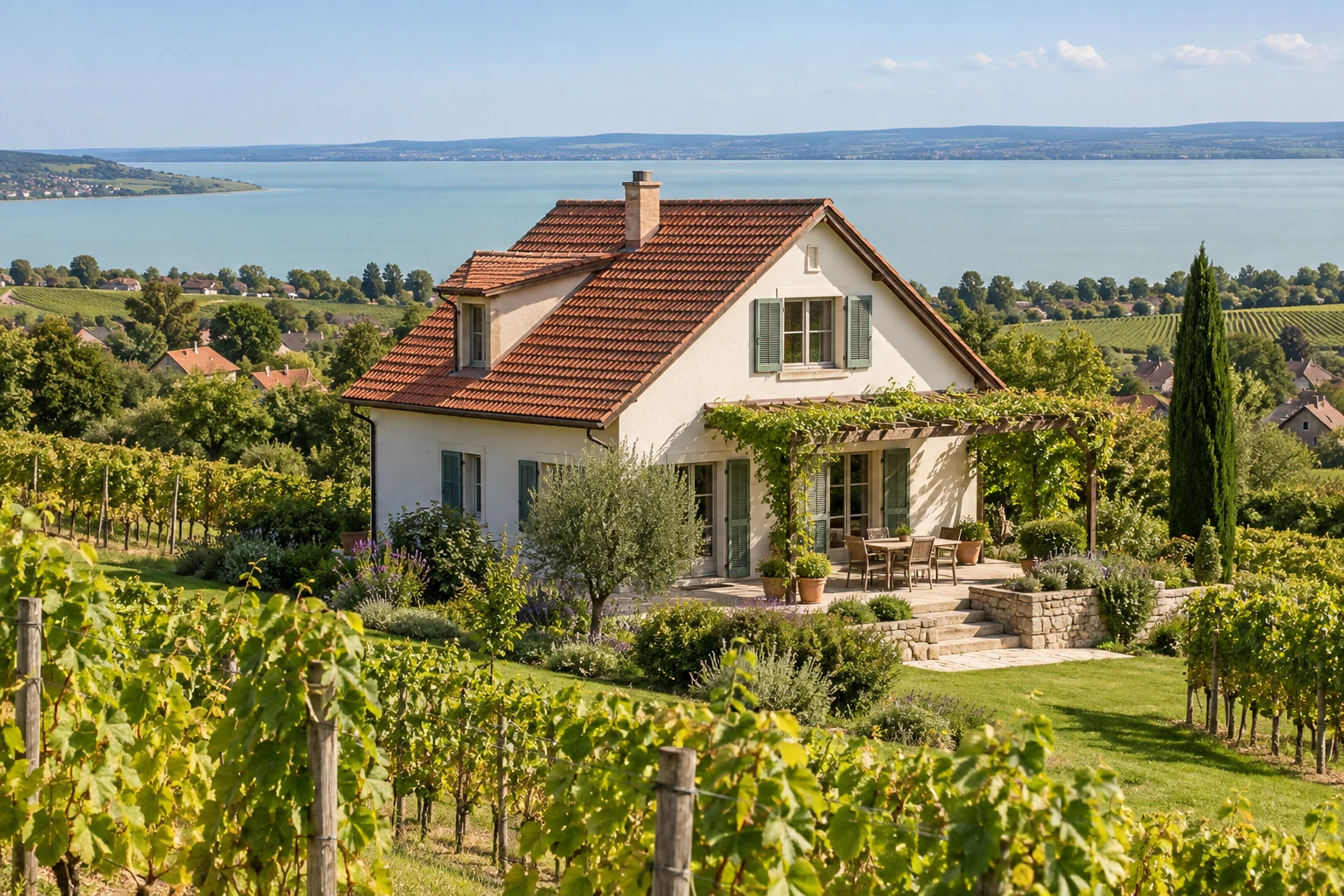 House with a tiled roof among vineyards overlooking a lake