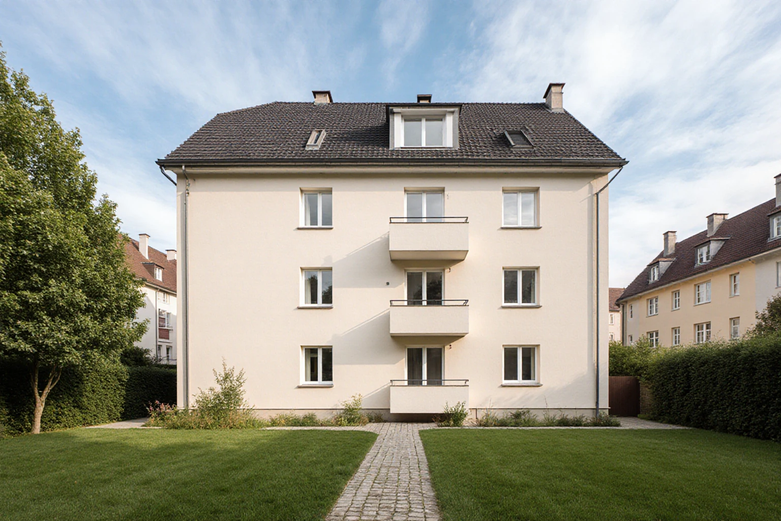 Apartment building with a pale facade, balconies and a garden